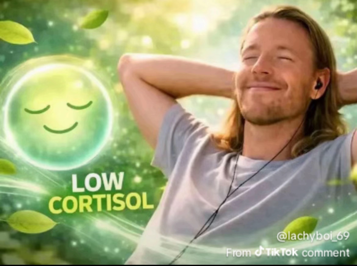 A dude chillaxing as he leans back, 'Low cortisol' is in the background